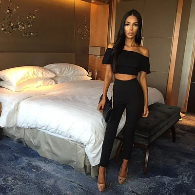 Leosoxs 2020 Sexy Off Shoulder Slash Neck Women's Two Piece Suit Bodycon Ruffles Crop Tops High Waist Ladies Pants 2 Piece Sets