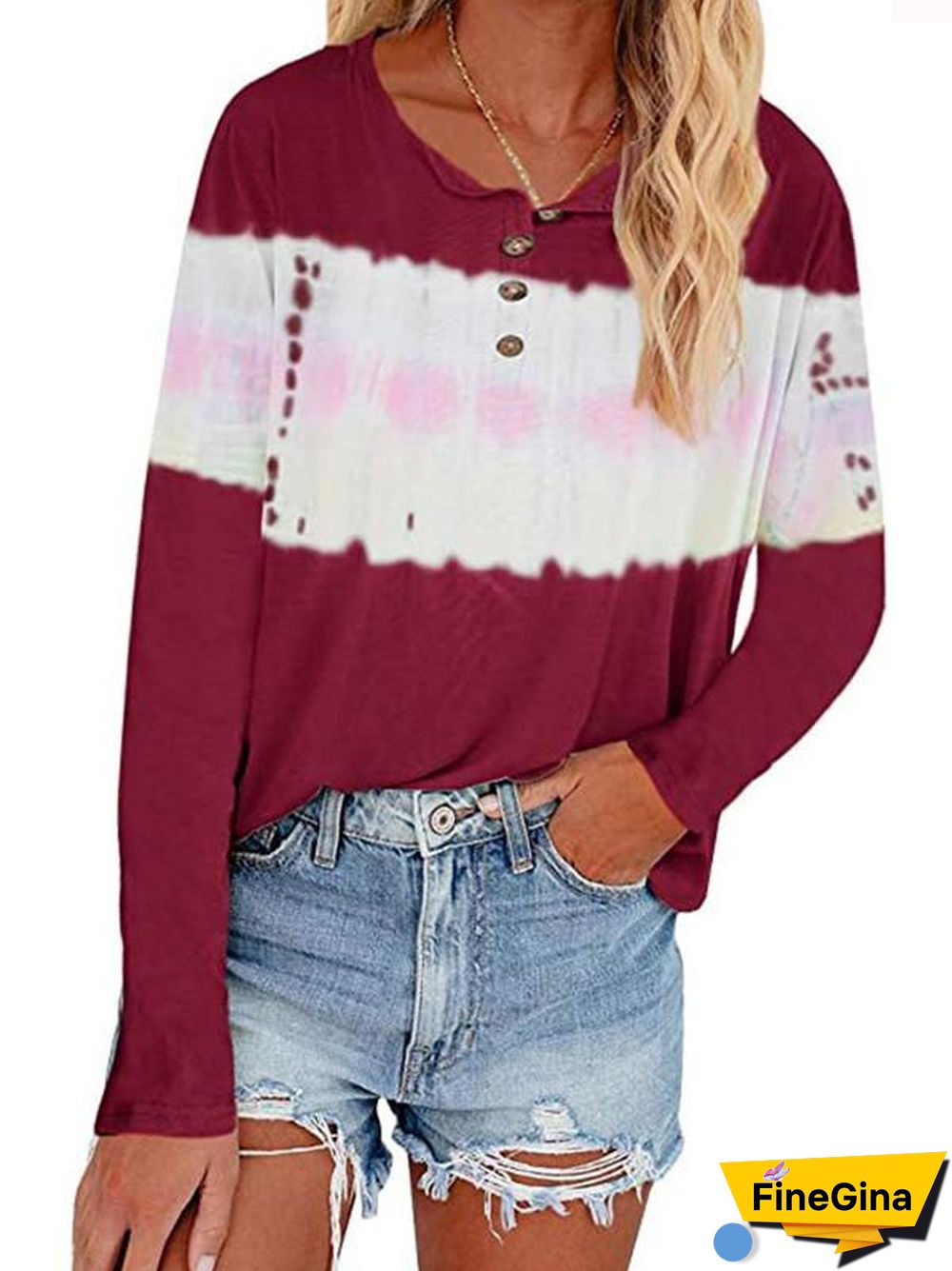 Women Long Sleeve Scoop Neck Polka Dot Graphic Stitching Top
