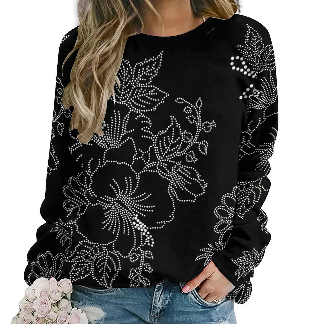 Printed Long Sleeve Casual Sweatshirt for  Women and Men Unisex Pattern Floral, White, Black