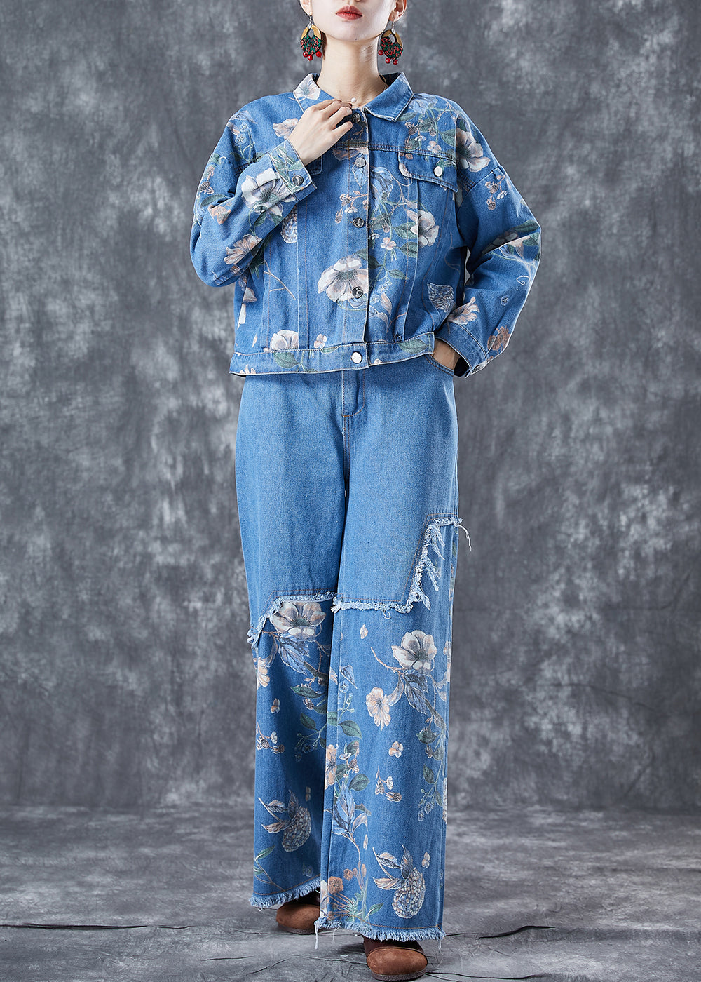 VCSHOES Blue Oversized Patchwork Print Denim Two-Piece Set Spring