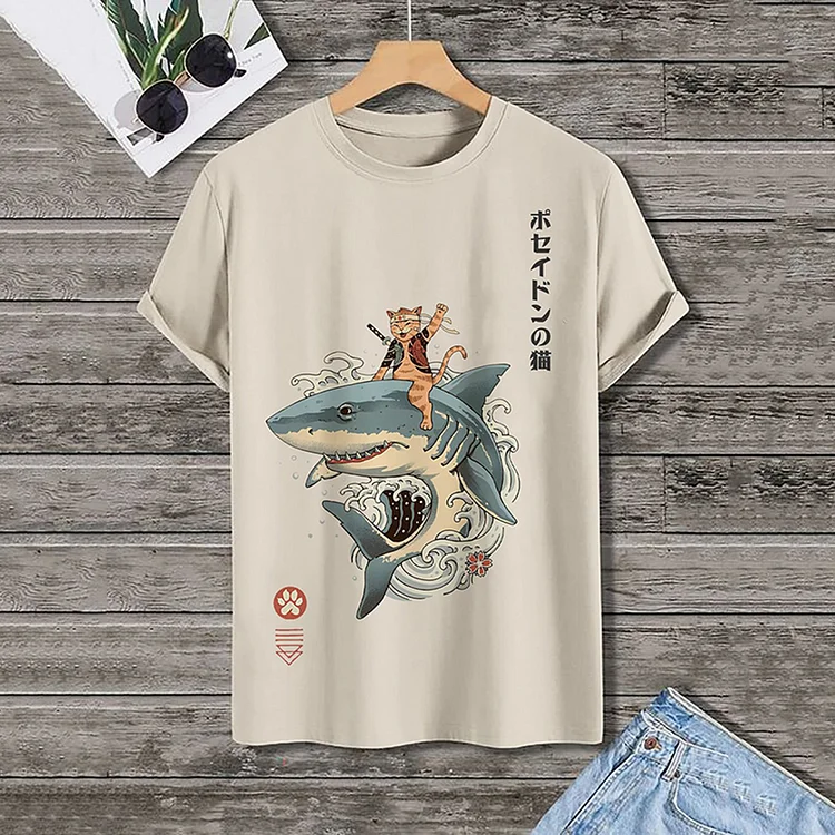 Comstylish Men's Japanese Wave Samurai Cat Shark Print Cotton Casual T-Shirt