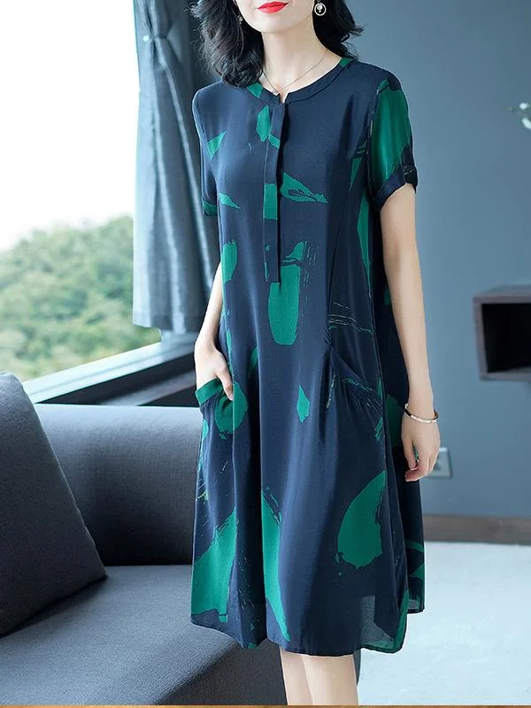 Mid-length short-sleeved round neck printed silk dress