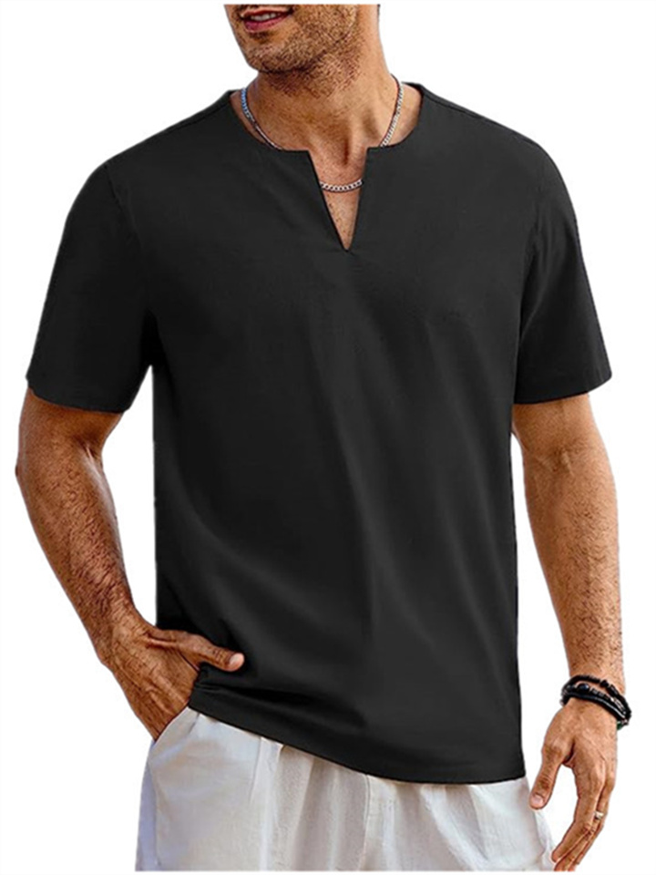 Men's Cotton Henley Short Sleeve Casual Beach T Shirt V Neck Summer Tops
