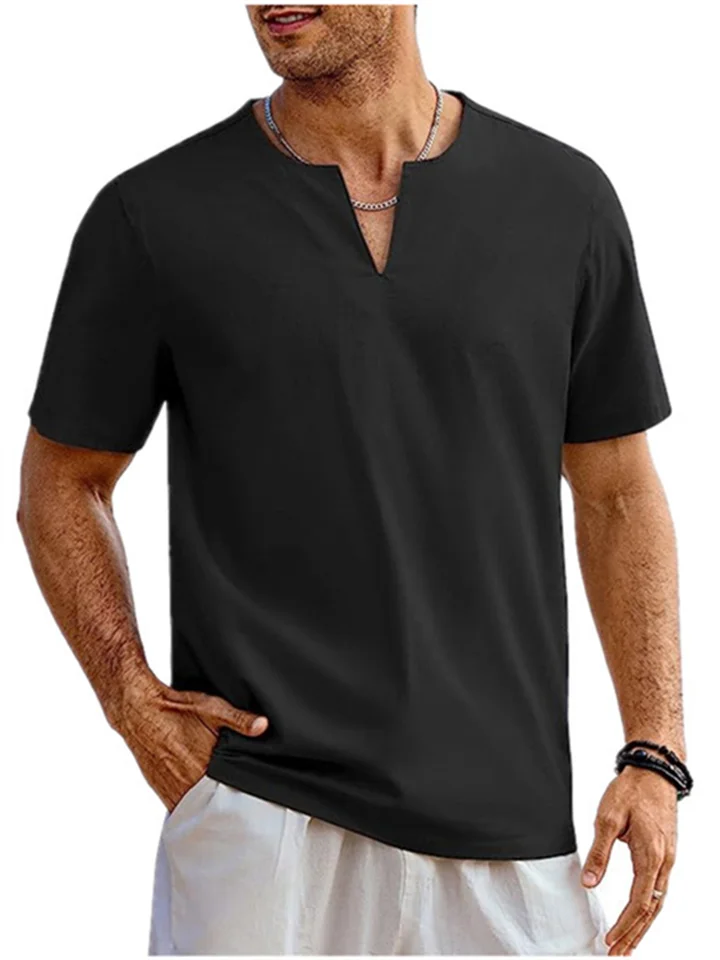 Men's Cotton Henley Short Sleeve Casual Beach T Shirt V Neck Summer Tops-Cosfine