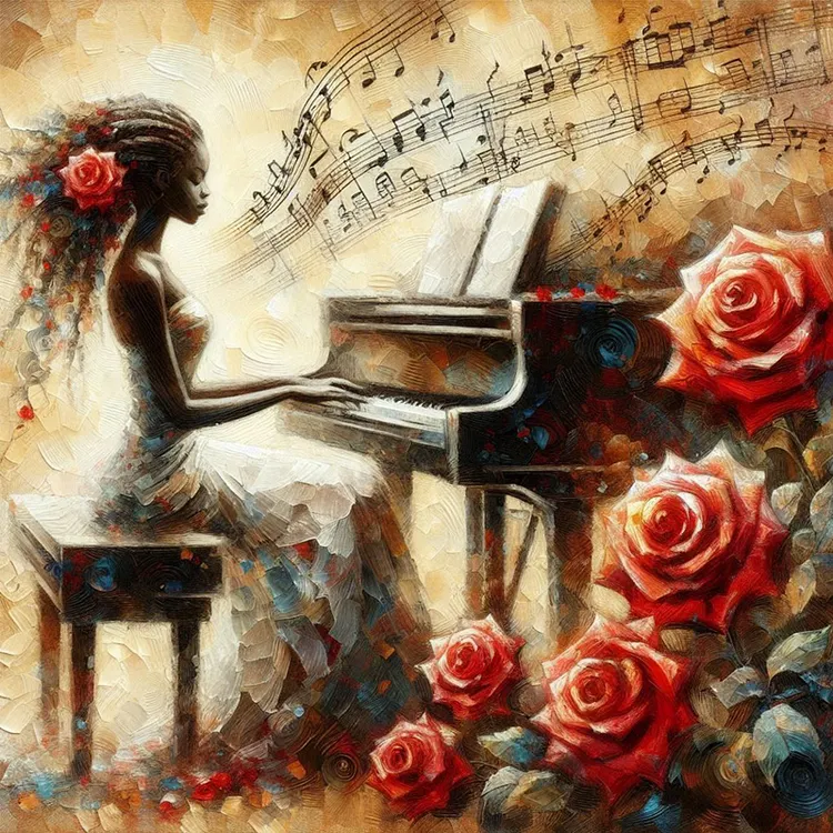 Girl Playing The Piano And A Red Rose 40*40CM (Canvas) Full Round Drill Diamond Painting gbfke