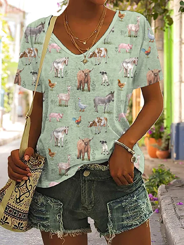 Lässiges Baumwoll-T-Shirt mit V-Ausschnitt und Bauernhoftier-Aufdruck