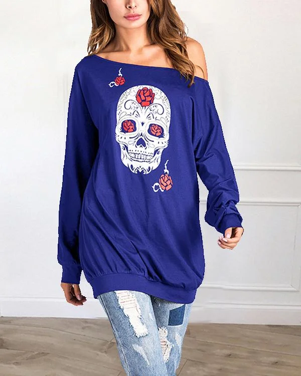 Casual Skull and Rose Print One Shoulder Long Sleeve Blouse