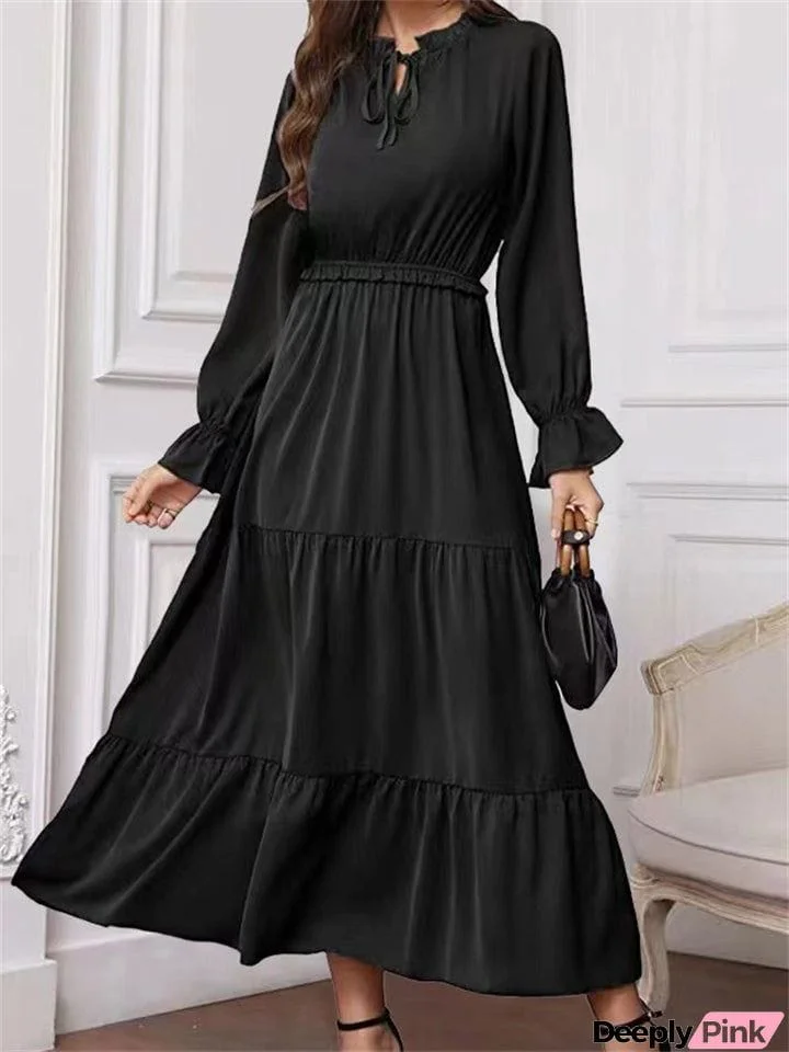 Spring Autumn Daily Wear Soft Sweet Ruffled Collar Ladies Dresses