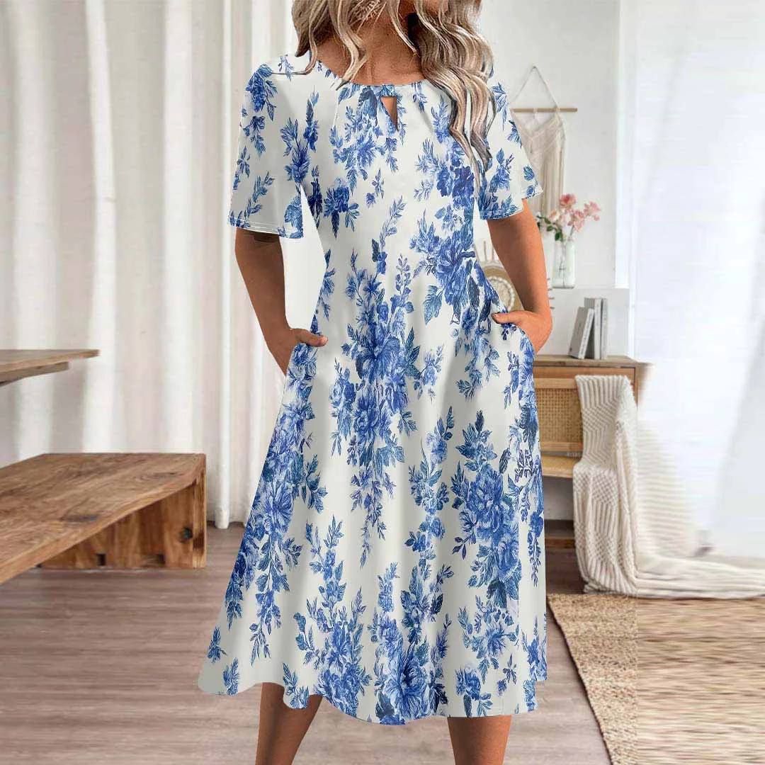 Women Floral,Blue DZHA8121 Short Sleeve Scoop Neck Graphic Printed Hollow Midi Dress