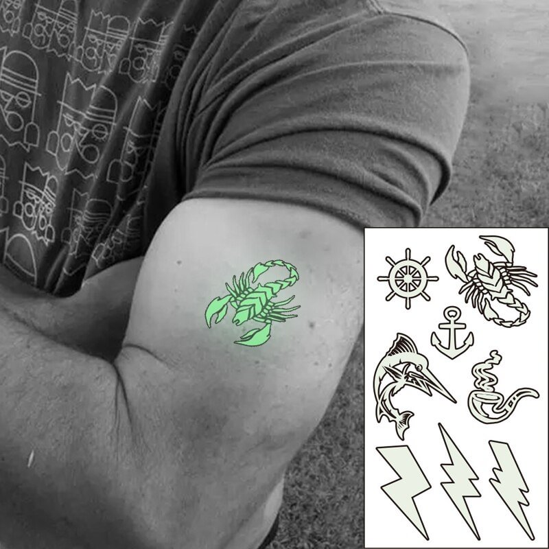 Gingf Temporary Luminous Tattoo Sticker Swordfish Scorpion Anchor Lightning Pattern Flash Fake Tatto for Women Men