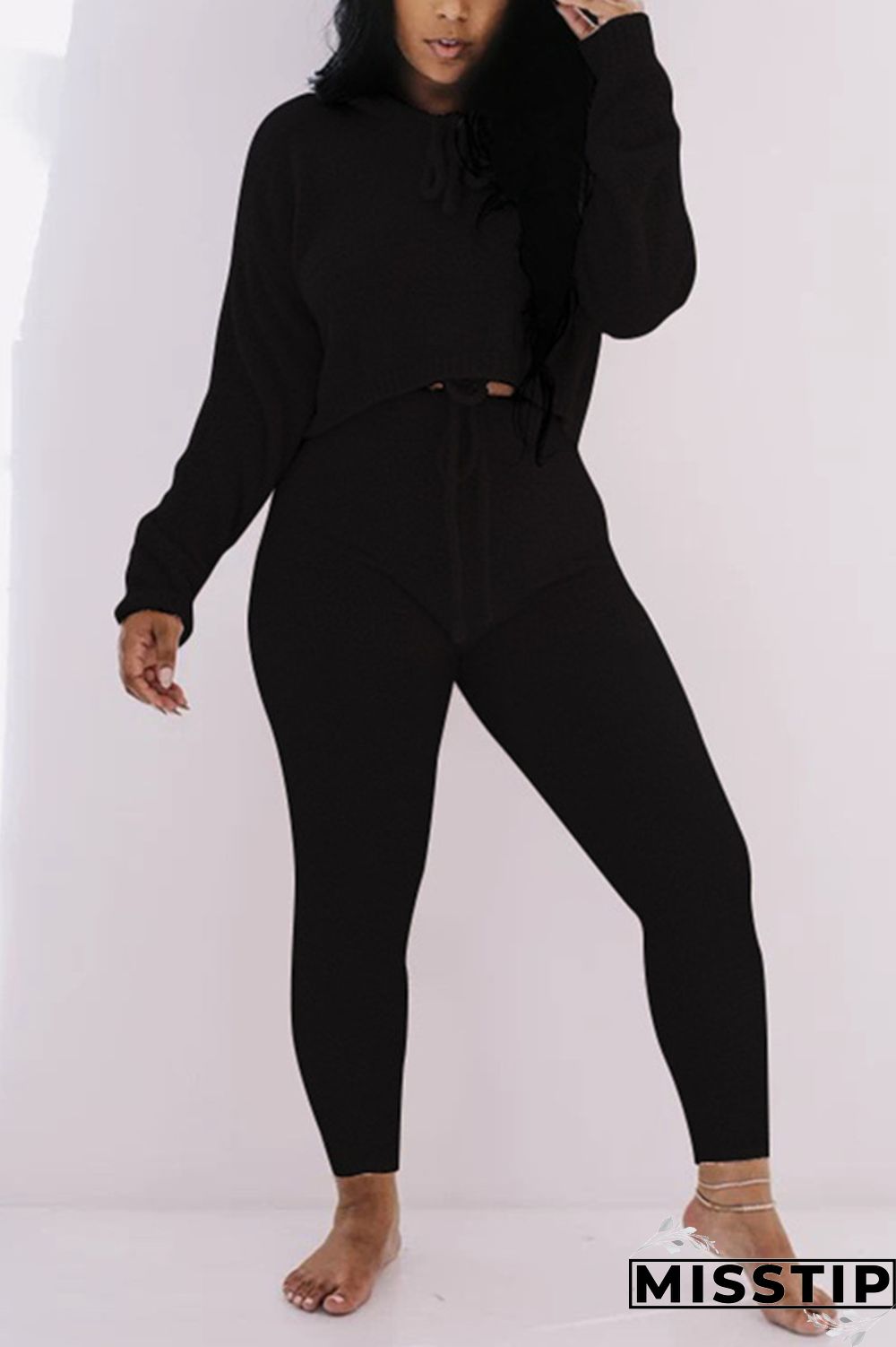 Black Casual Living Solid Basic O Neck Long Sleeve Two Pieces