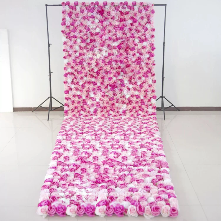 Roll Up Fabric Artificial Pink Pearl and Rose Floral Wall Wedding Backdrop, Floral Party Decor, Event Photography-VF-073