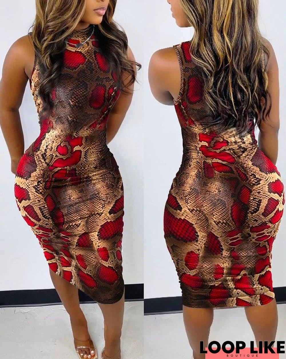 Snakeskin Print Sleeveless Ruched Bodycon Dress