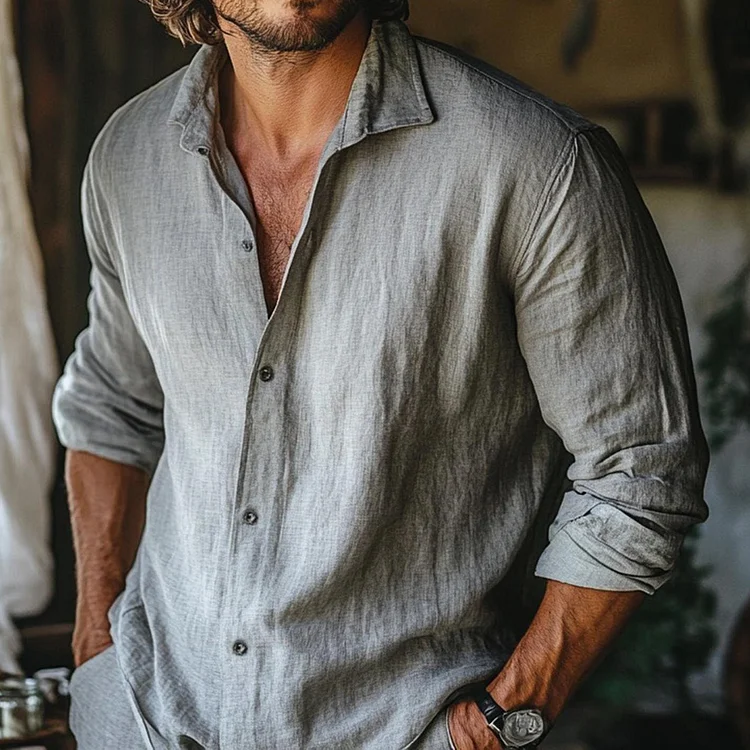 Utbros Men's Boho Solid Color Button Casual Linen Shirt