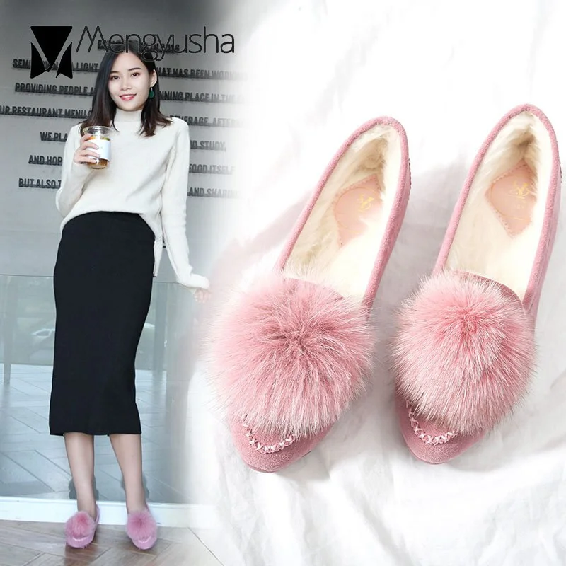 Cute pompom winter fur flat loafers women 9.5/10 espadrilles 2019 new arrival ballet flats slip on creepers comfort moccasins