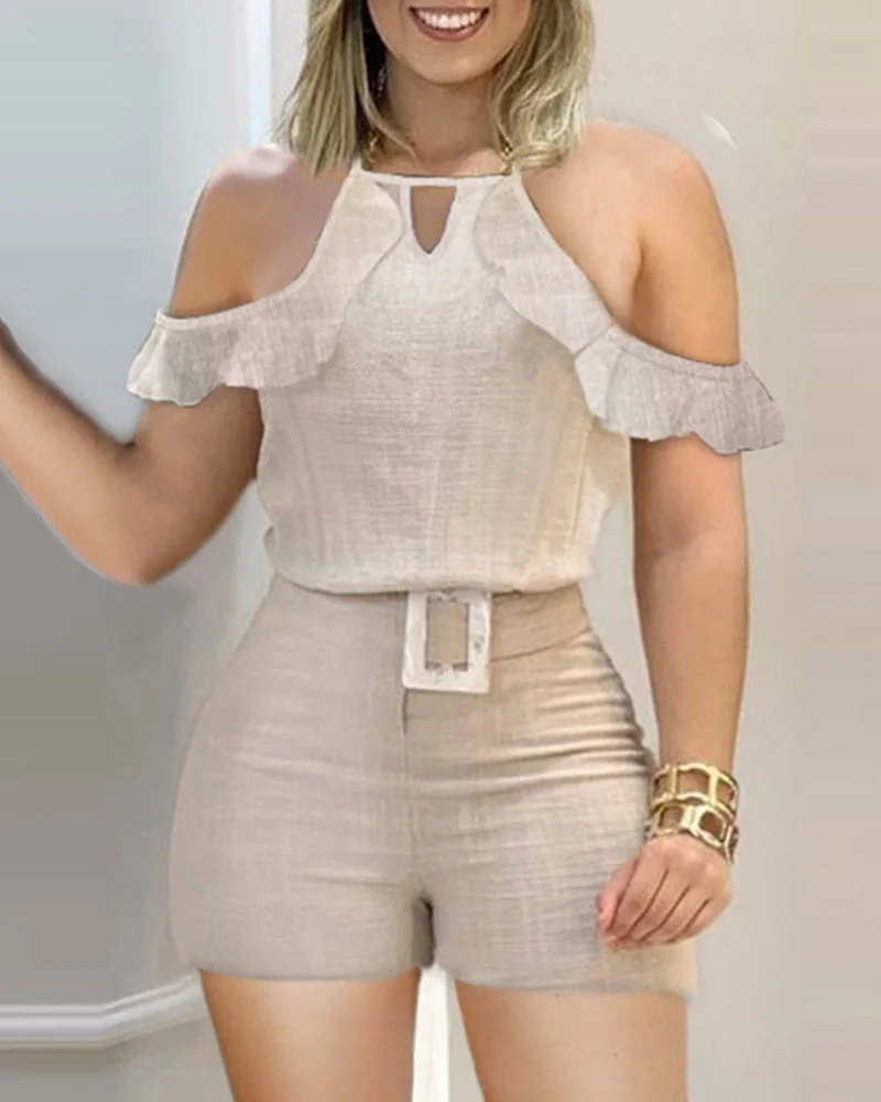 Graduation Gifts 2022 Two Pieces Suit Summer Holiday Halter Neck Ruffles Trim Cold Shoulder Top & Shorts Set Overalls Casual Outfits With Belt