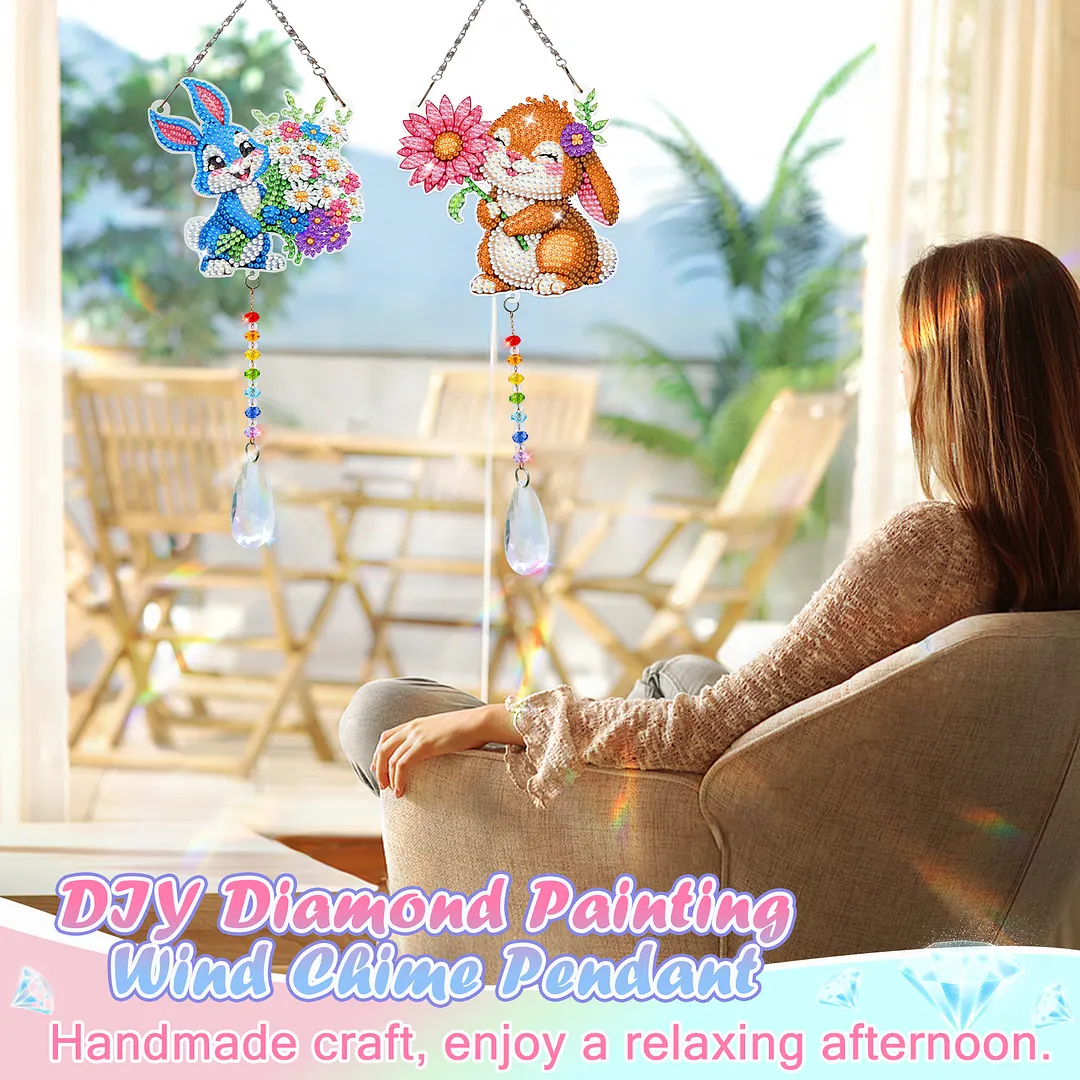2Pcs Flower Rabbit DIY Double-Sided Diamond Painting Hanging Kits Diamond Painting Suncatcher Craft Kit for Home Garden Wall Decor Gift