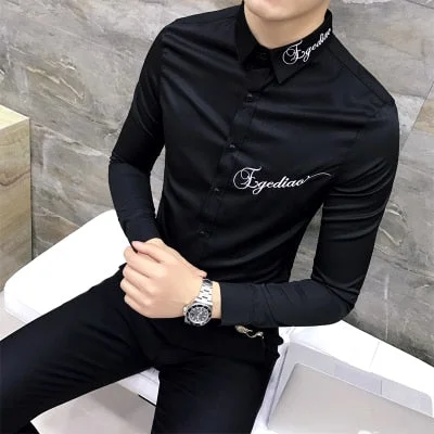 Quality Camiseta Masculina Slim Fit Long Sleeve Dress Shirt Men Embroidery Letter Black White Casual Mens Social Shirts 3XL-M