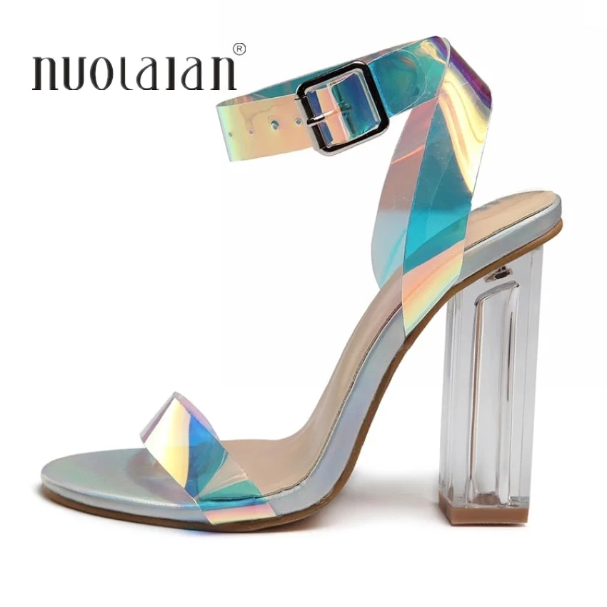 2019 Women Sandals Shoes Celebrity Wearing Simple Style PVC Clear Transparent Strappy Buckle Sandals High Heels Shoes Woman
