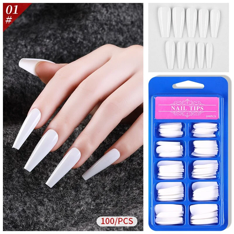 100PCS Long Coffin Press on Nail Tips Candy Color Full Cover Acrylic Ballerina False Nail Tips DIY Manicure Extension Tools