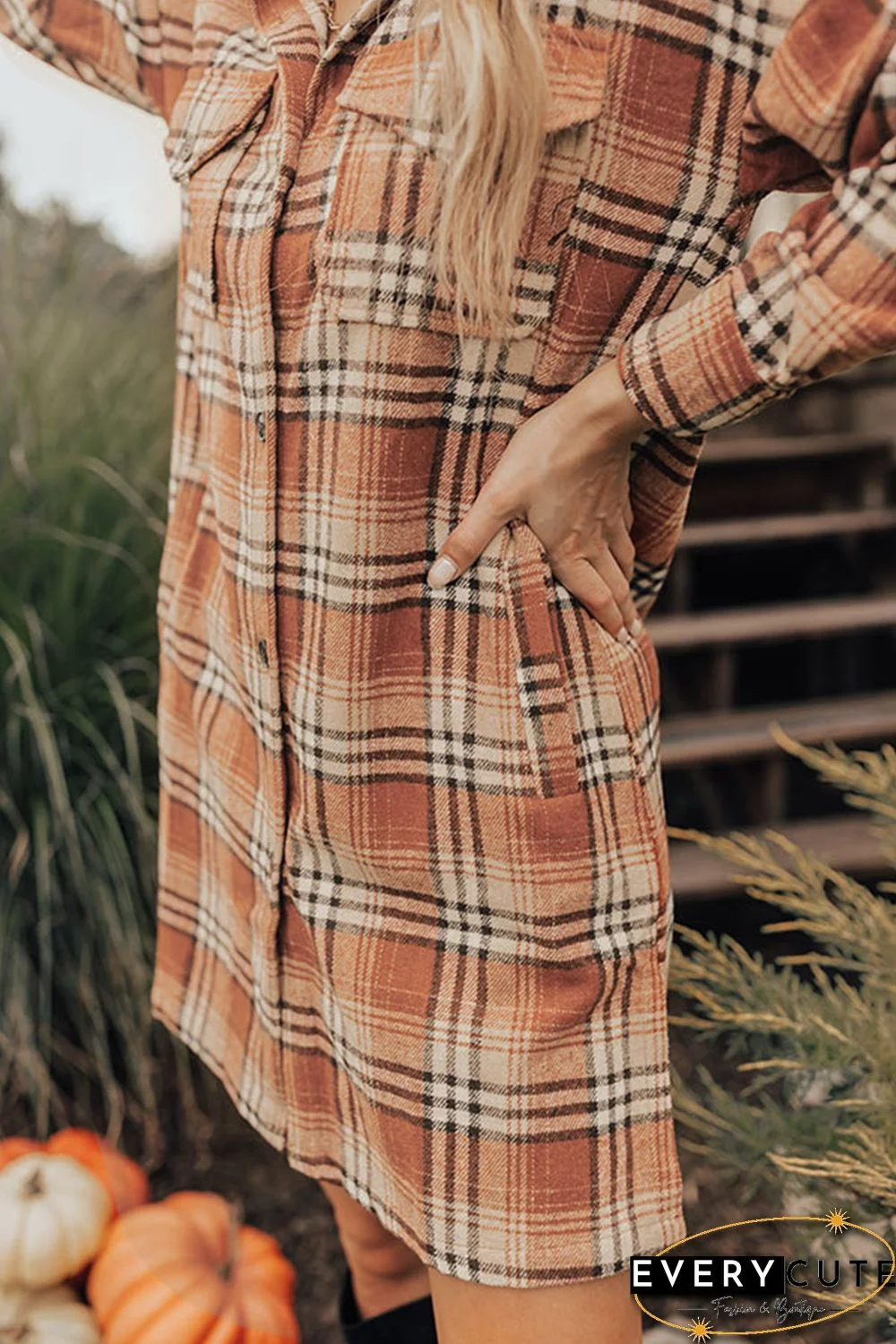 Orange Plaid Button up Side Slit Shirt Dress