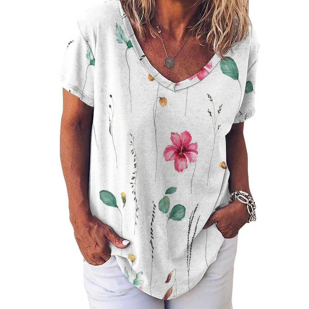V-neck Short Sleeve Casual T-shirt for  Women Printed with Pattern Floral, Red, Green