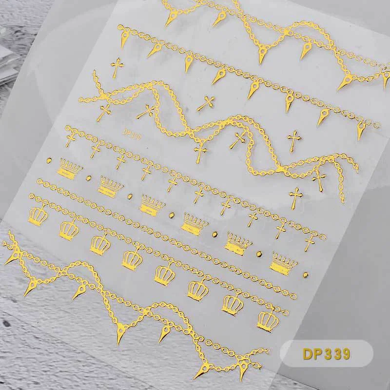 1Pcs 14x9cm 3D Metal Fashion Pattern Glamour Nail Art Sticker Self-adhesive Tape 3D Gold Chain Zipper Nail Design Applique
