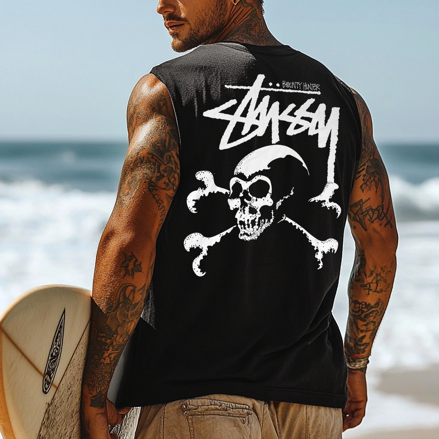 Men's Vintage Surfing Oversized Street Style Skull Print Tank Top / TECHWEAR CLUB / Techwear
