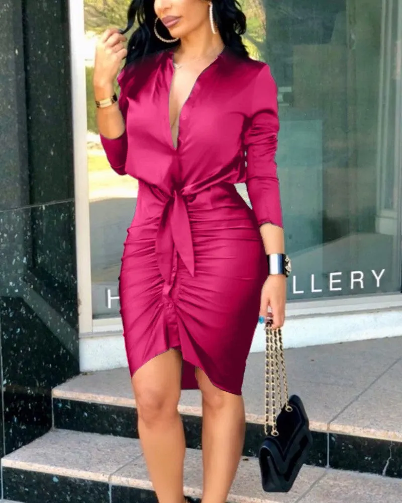 Brownm V-neck Lace-up Solid Color Long Sleeve Dresses