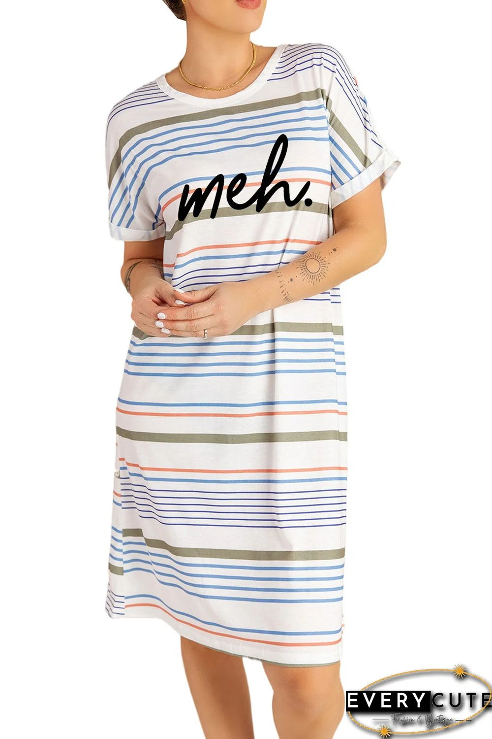 Letters Print Short-sleeved Striped T-shirt Midi Dress
