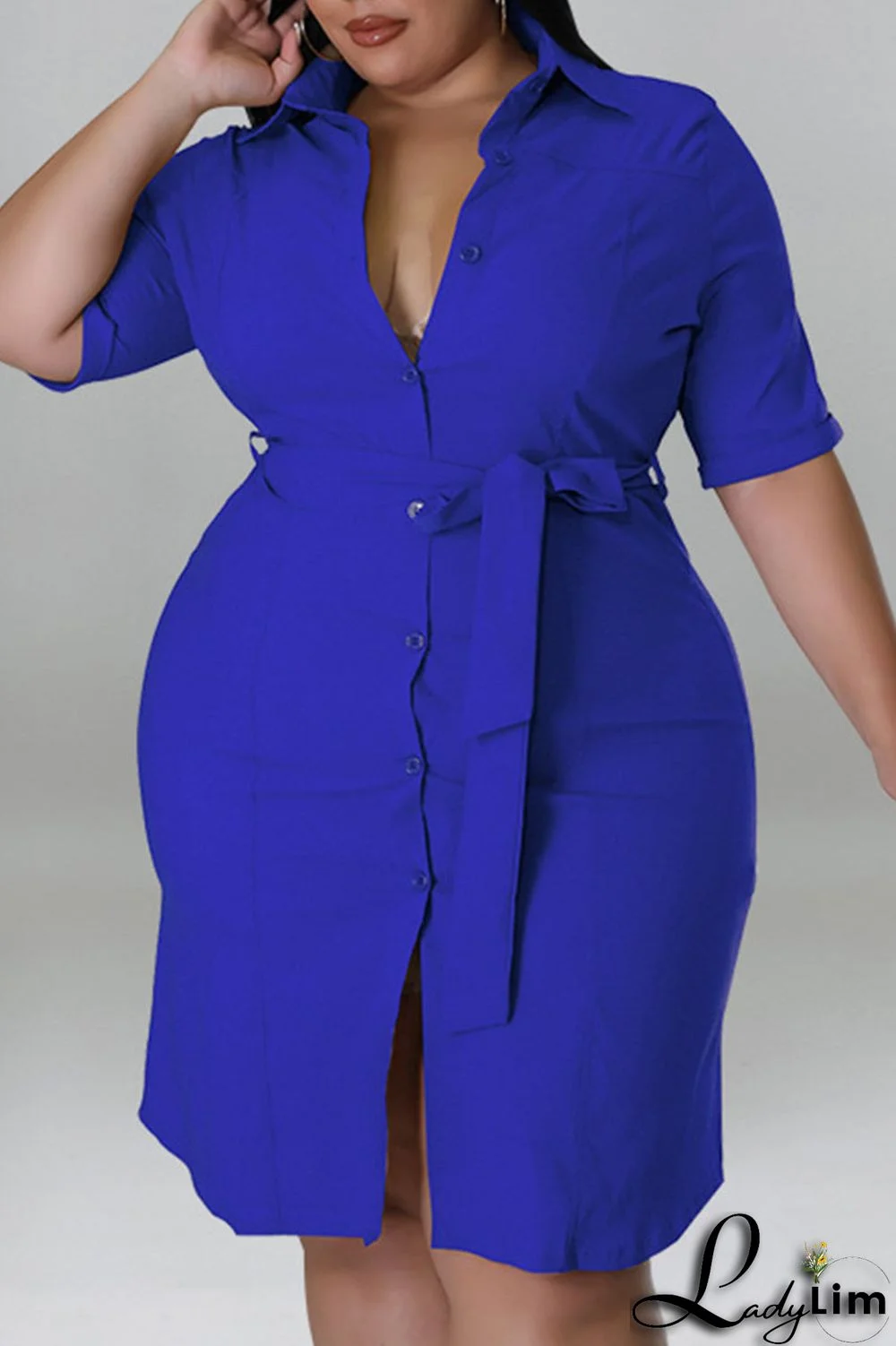 Black Casual Solid Patchwork Buckle Turndown Collar Straight Plus Size Dresses