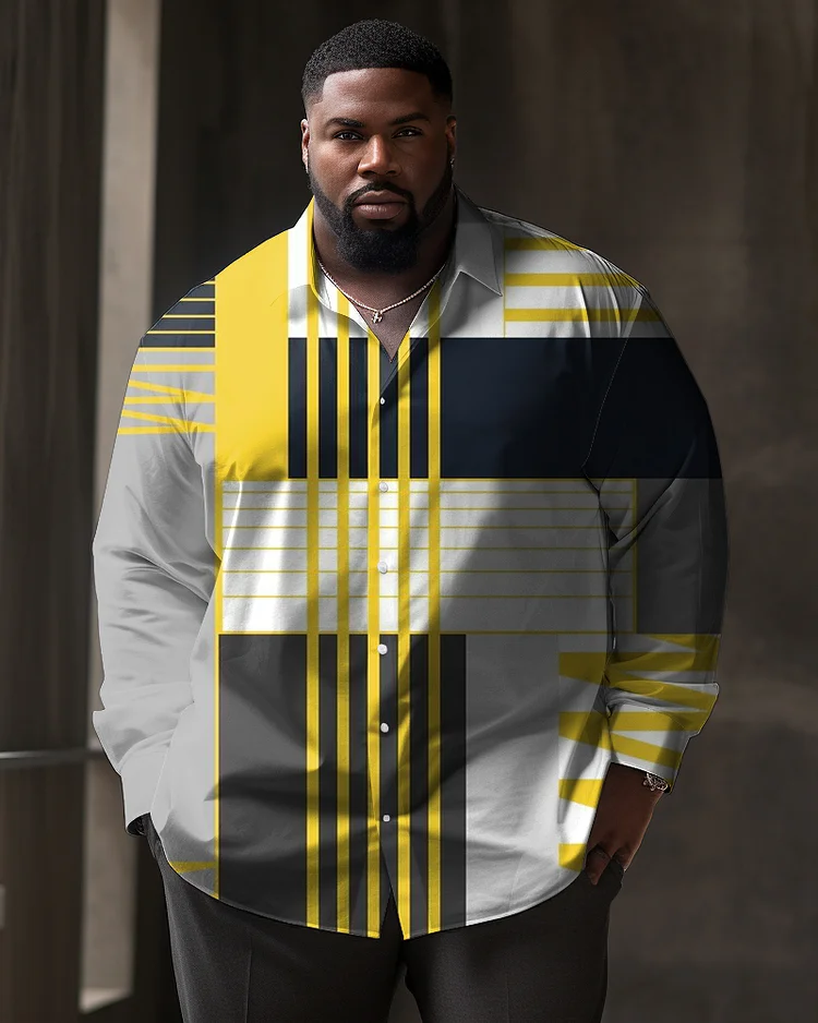Men's Large Size Casual Color Block Square Line Long Sleeve Lapel Long Sleeve Shirt