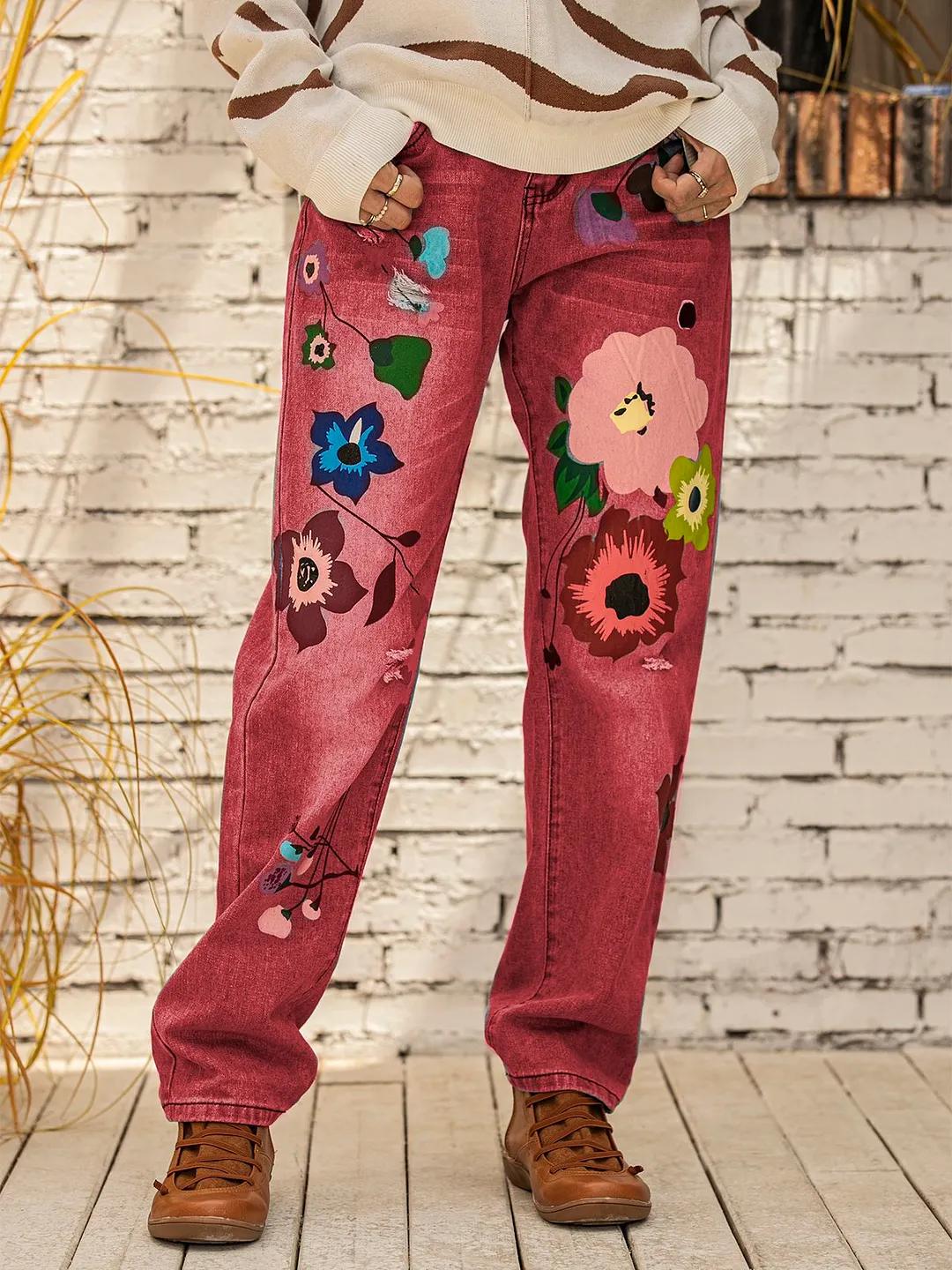 All Season Denim Floral Casual Jeans