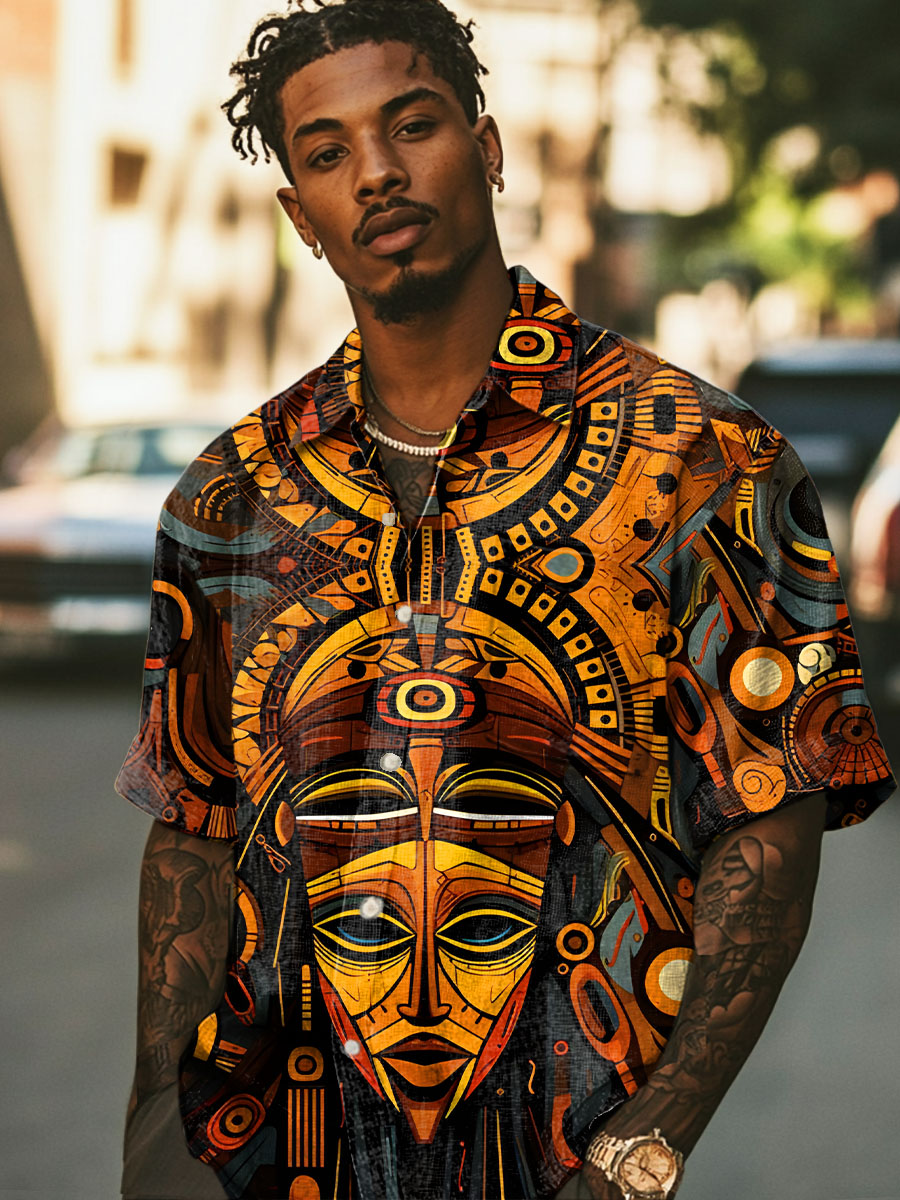Vintage African Art Abstract Face Vintage Print Casual 100% Cotton Shirt
