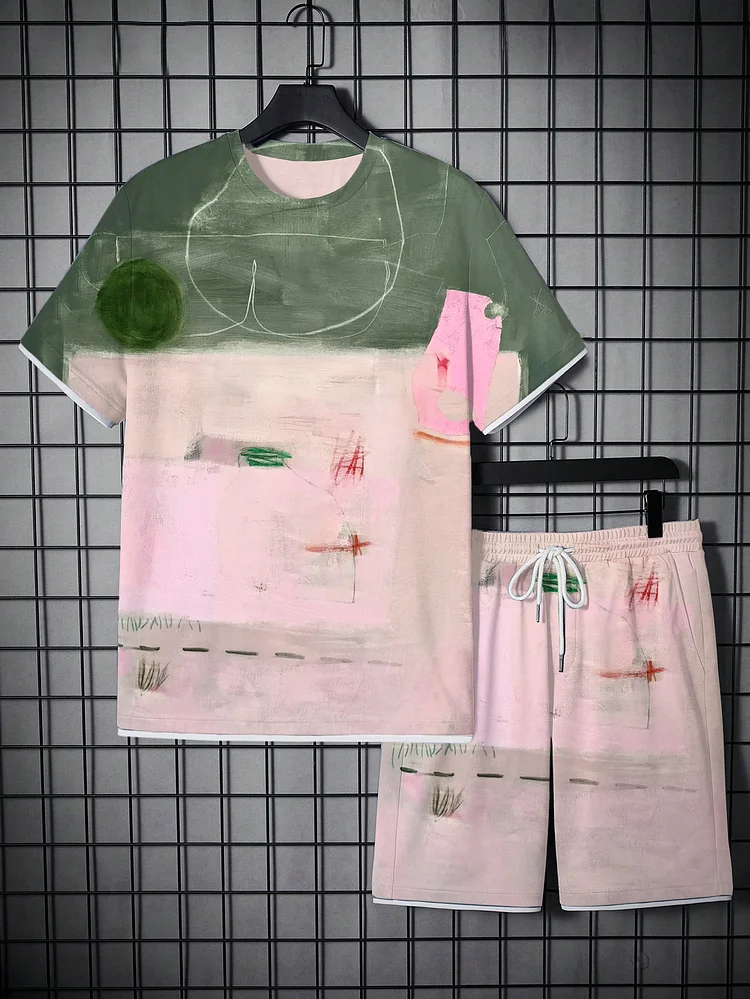 Men's Abstract Grassland Graffiti Art Print T-Shirt Shorts Set