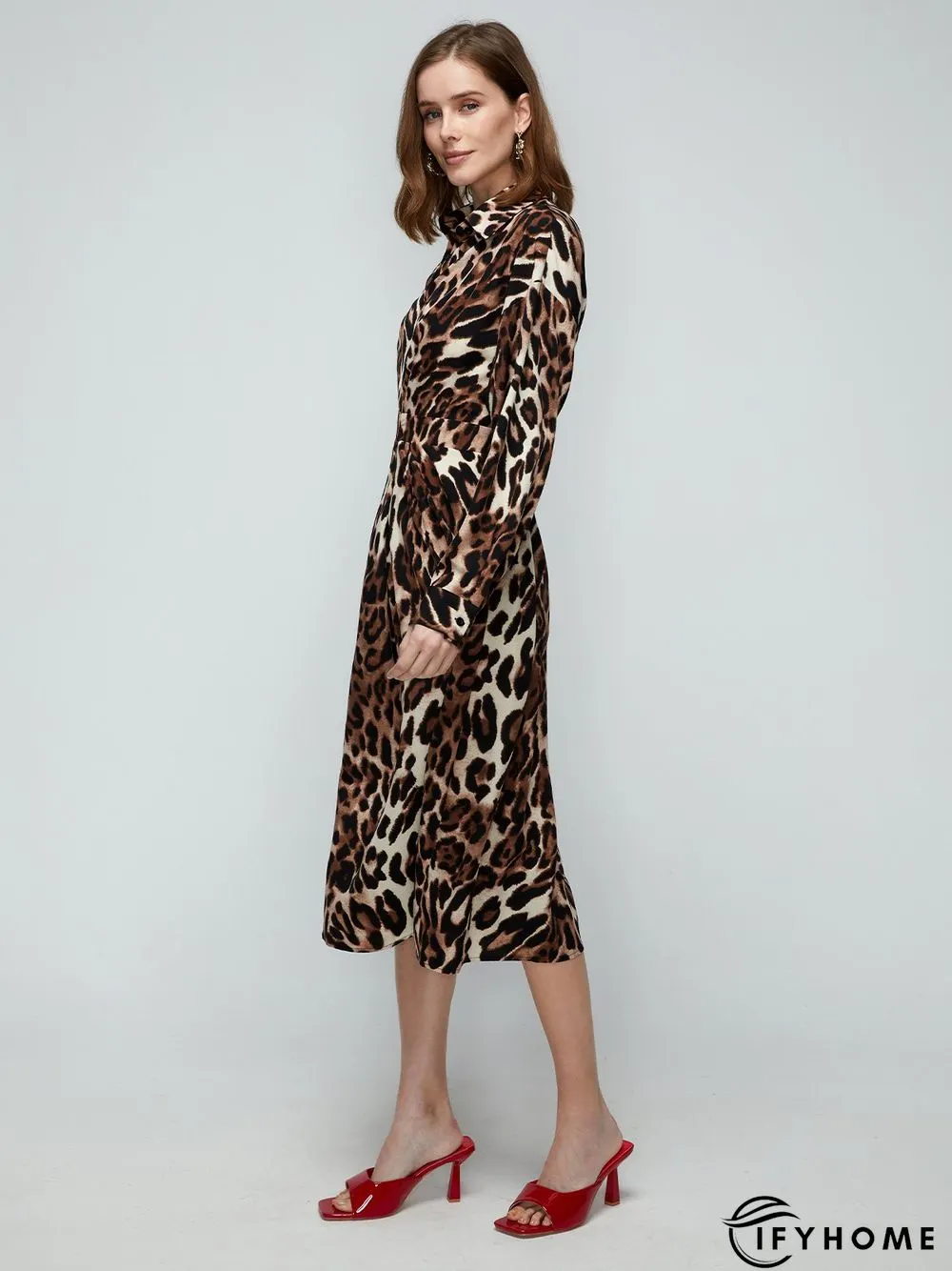 Daily Long sleeve Shirt Collar Urban Leopard Dress | IFYHOME