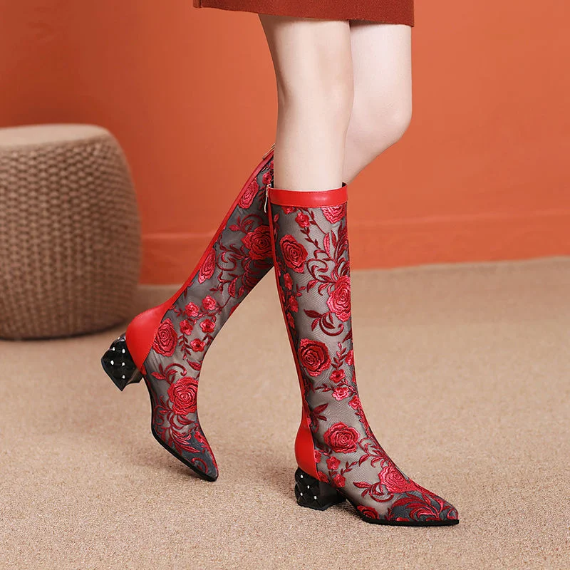 Qjong 2022 Sexy Women Knee High Sandals Boots,Summer Mesh Shoes,Embroidery Flower Long Botas,Pointed Toe,Black,Red,Dropship