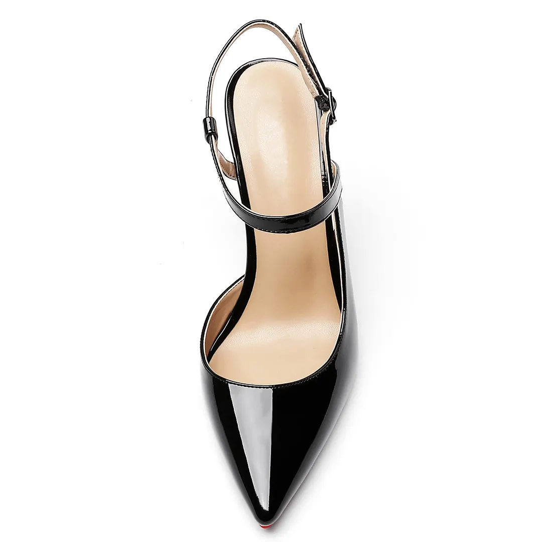 100mm Women Slingback Patent Pumps Ankle Strap Jenlove Stiletto Mid Heel Close Pointed Toe Dress Red Bottoms Shoes