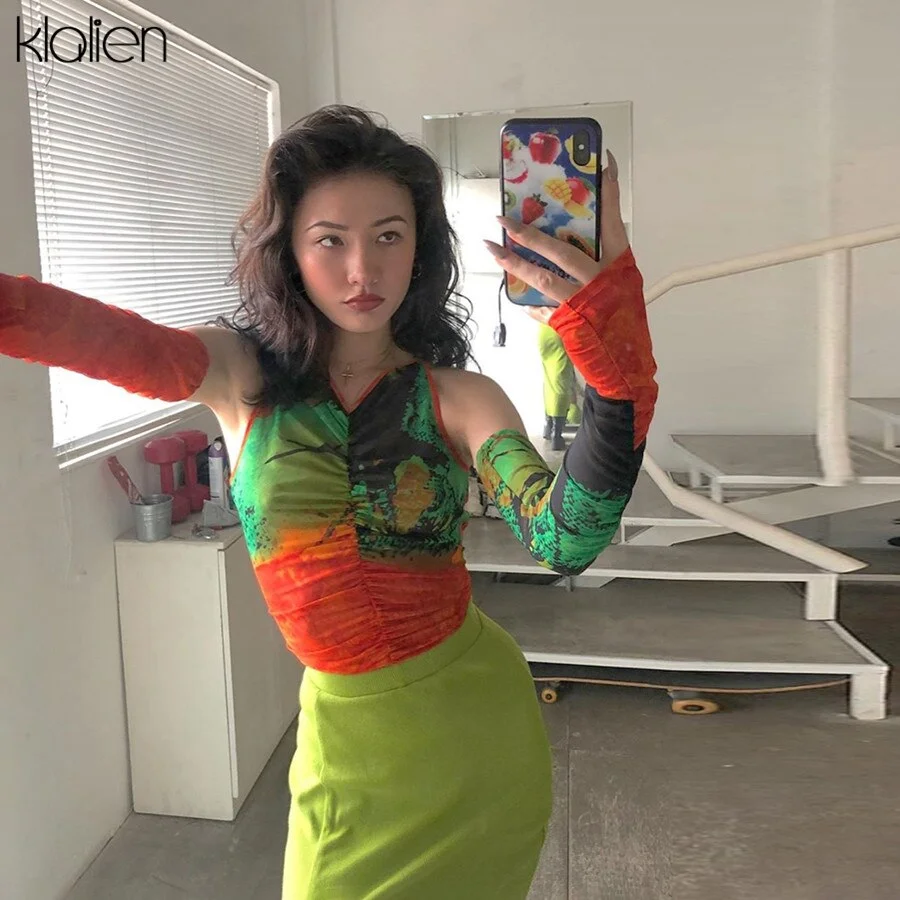 KLALIEN summer fashion kpop harajuku female T-shirt sexy colorful casual mesh t shirt soft skinny stretch basic top hot sale