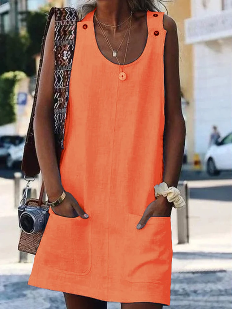 Solid ColorPocket Button Sleeveless Mini Dress