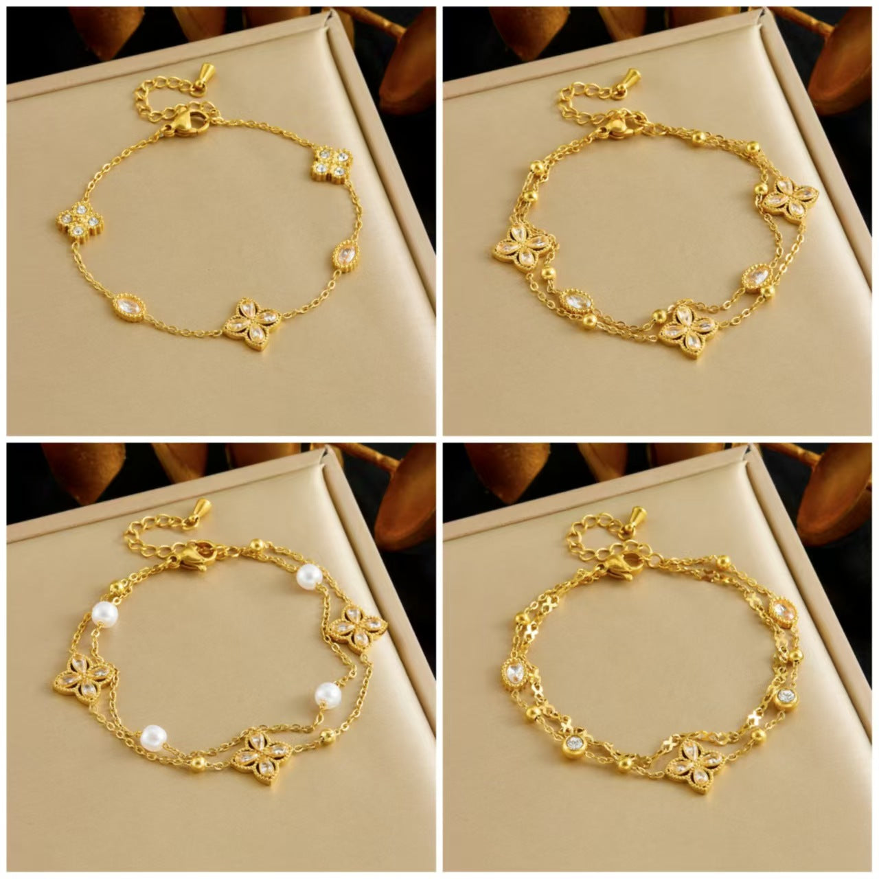 Fashionable Diamond-Shaped Four-Petal Flower Double-Layered Chain Pearl Accessories Geometric Stainless Steel Bracelet