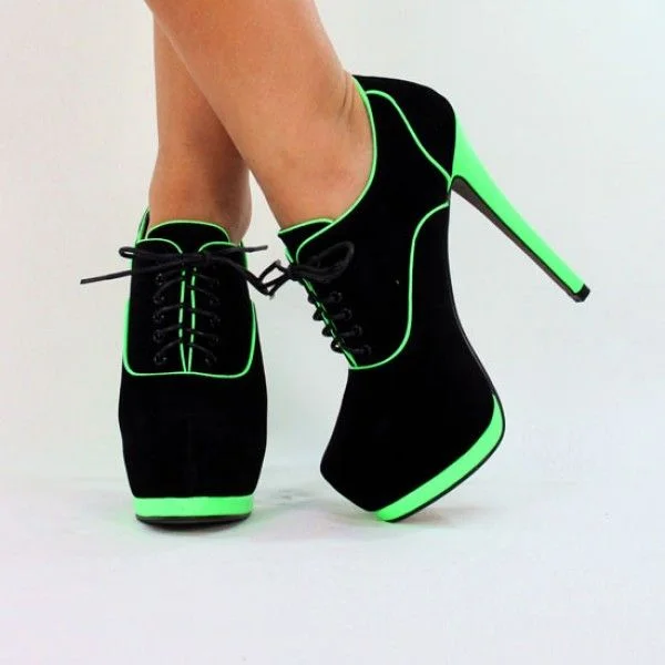 Black & Neon Vegan Suede Ankle Boots Lace-Up Stiletto Platform Shoes |FSJ Shoes