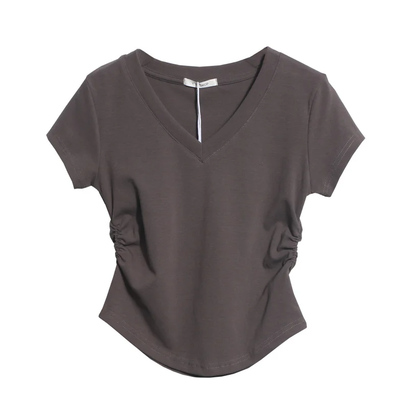 Uveng Recommended For The Summer V-Neck Front Shoulder Short-Sleeved T-Shirt For Girls Slimming Hottie Drawstring Irregular Top 2899