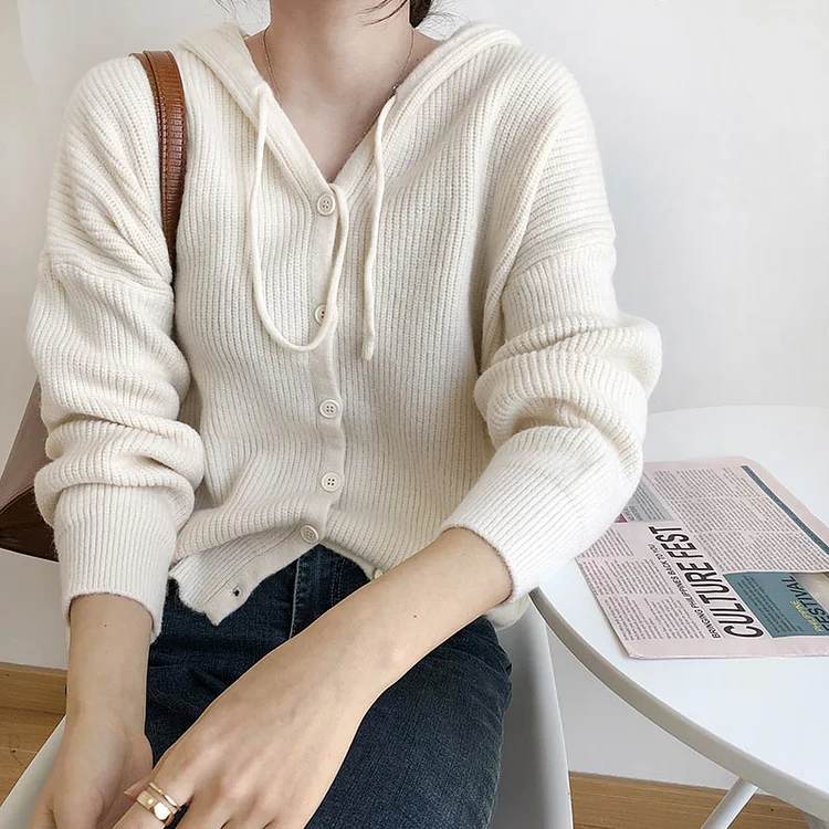 Loose Pure Color Draw String Hooded Sweater  - Modakawa Modakawa