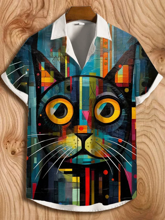Men's Abstract Cat Geometric Art Print Retro Short Sleeve Shirt