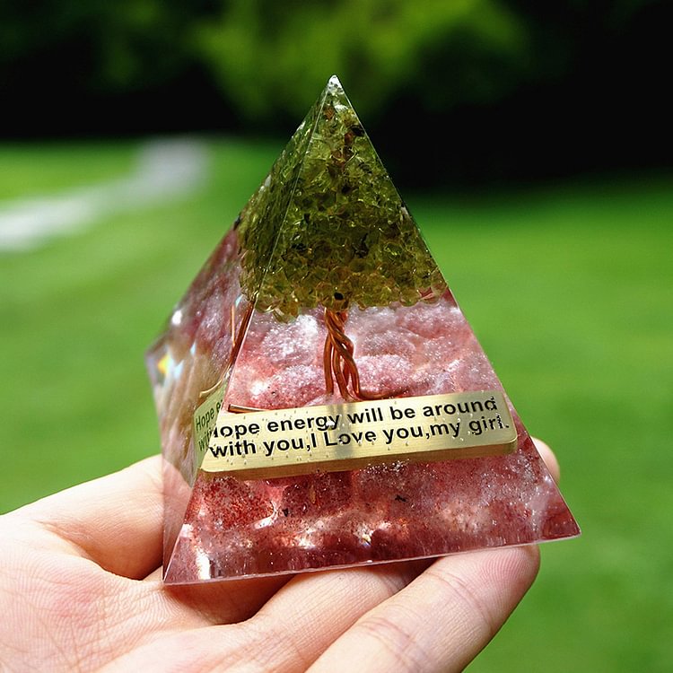 Peridot With Strawberry Quartz Tree Of Life Orgone Pyramid