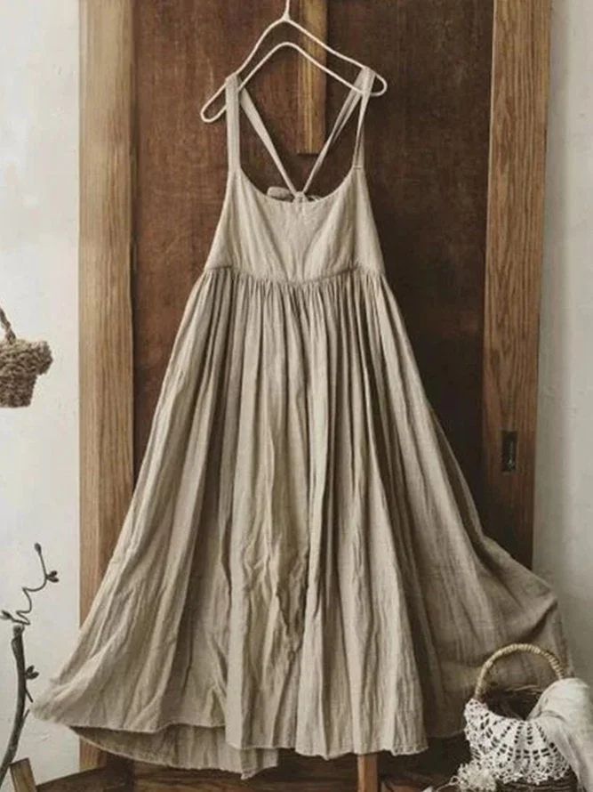 Linen Vintage Plain U-Neck Sleeveless Plus Size Casual Dresses