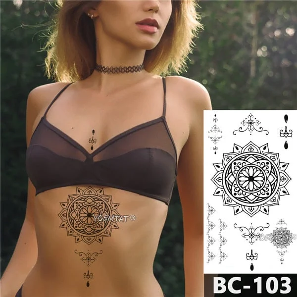 1 Sheet Chest Body Tattoo Temporary Waterproof Jewelry Black Lace Mandala Lotus Pattern Decal Waist Art Tattoo Sticker