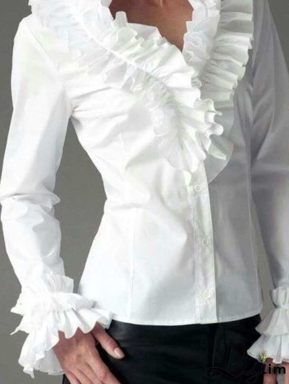 Casual Ruffle Trim Stand Collar Flare Sleeve Blouse
