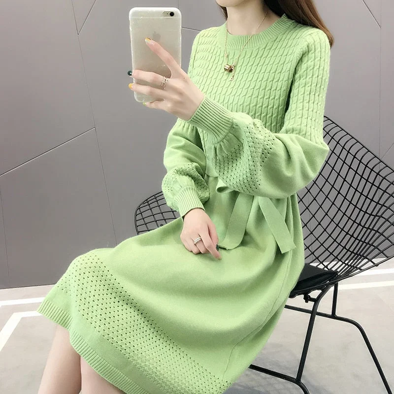 Large Size Loose Solid Casual O-Neck A-Line Autumn Winter Sweater Dress Female Dress Sweater Bottoming Maternity Spring Dress
